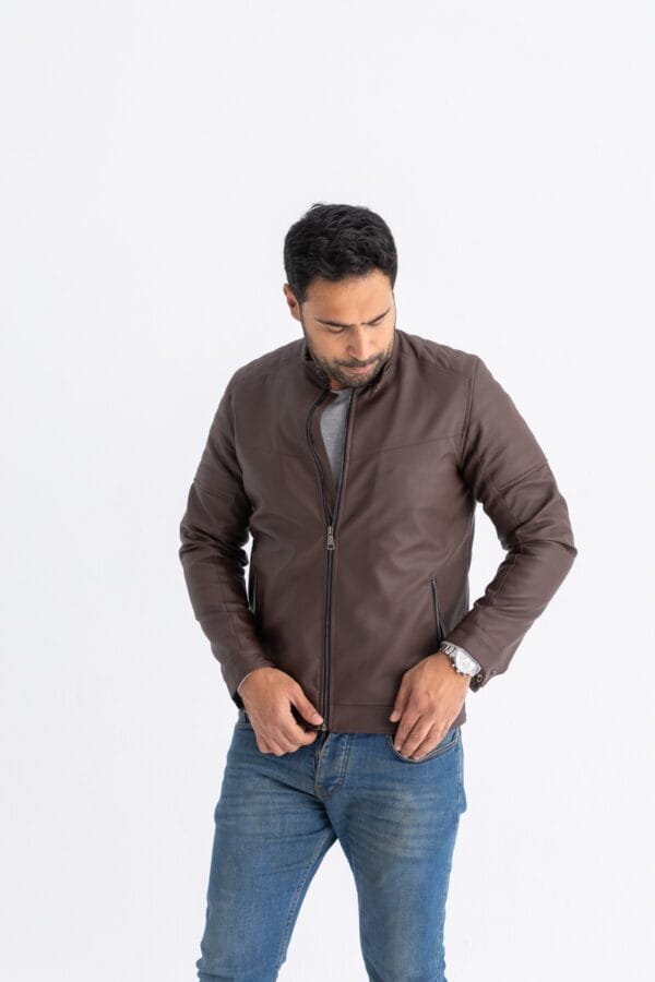 Brown Leather Jacket Front zipper - Image 2