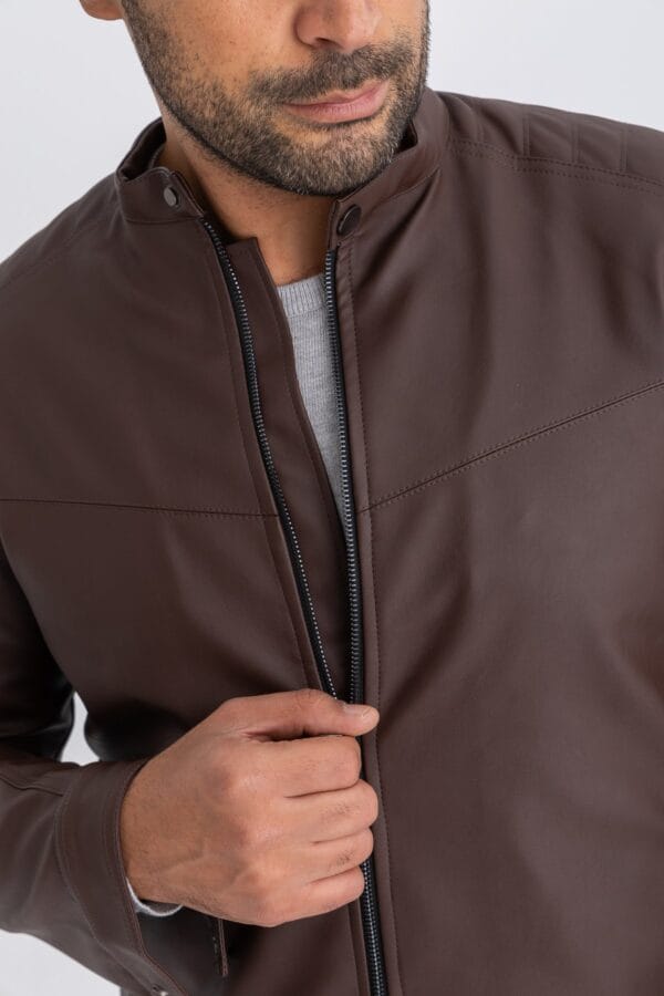 Brown Leather Jacket Front zipper - Image 3