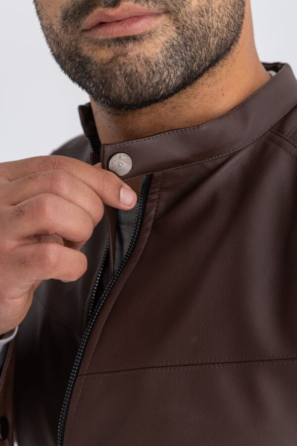 Brown Leather Jacket Front zipper - Image 4