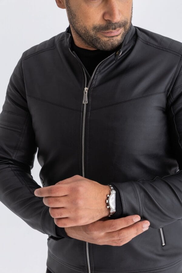 Black Leather Jacket  front zipper - Image 5