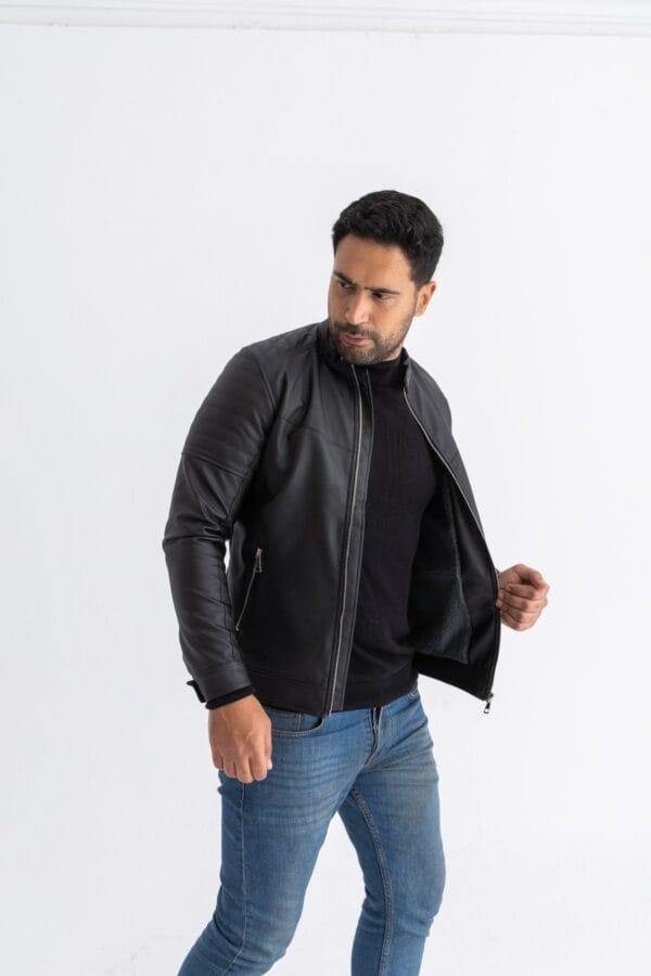 Black Leather Jacket  front zipper - Image 2