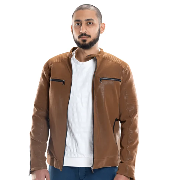Brown Glossy Leather Jacket - Image 2
